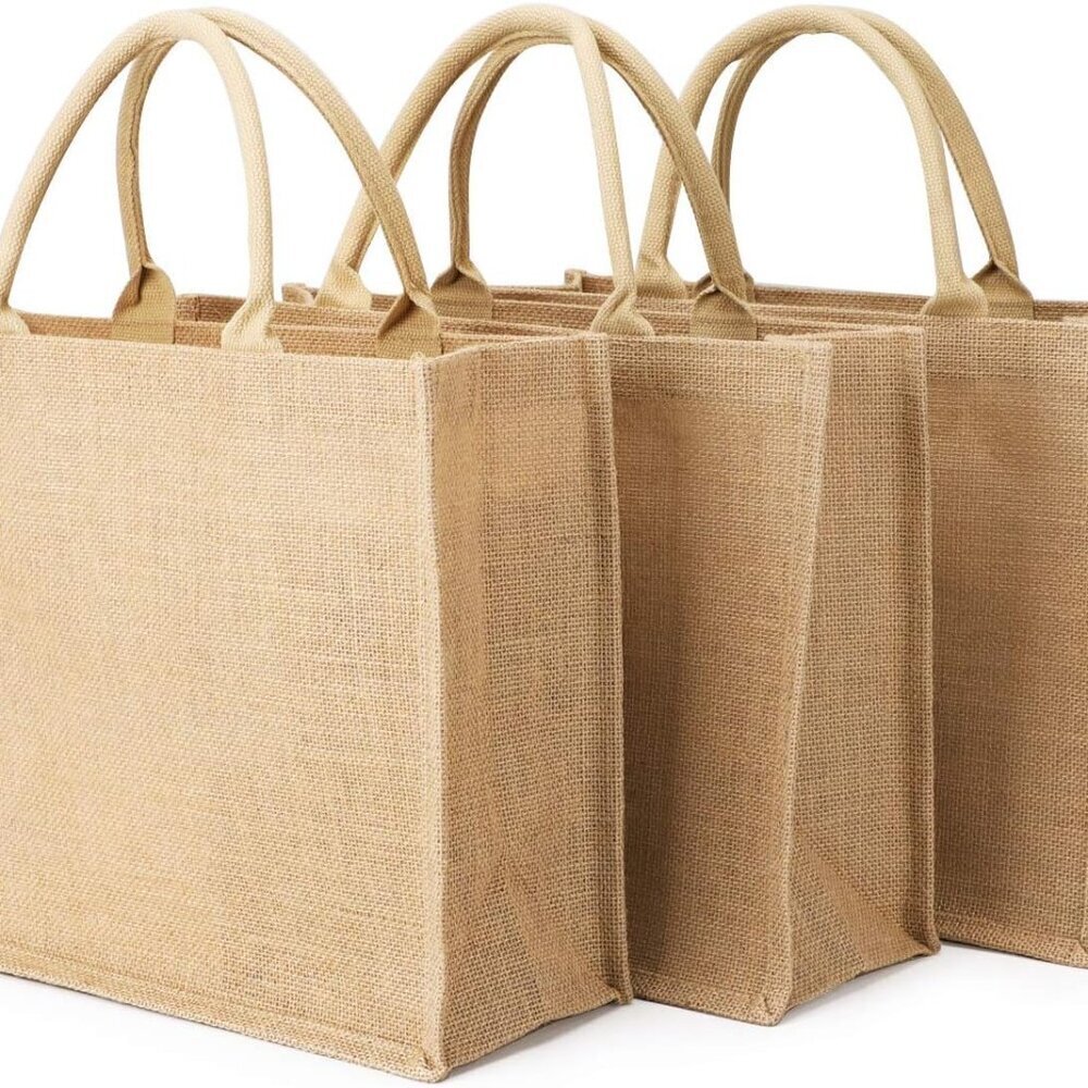 Tote Bags, 3 Pack Large Burlap Jute Reusable Canvas Gift Favors Bag with Handles